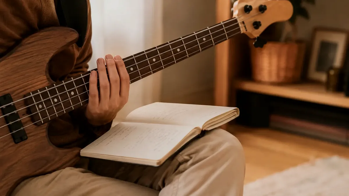 Handen van een beginner op de hals van een basgitaar