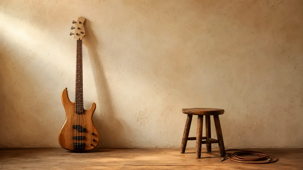Viersnarige elektrische basgitaar tegen een warme muur
