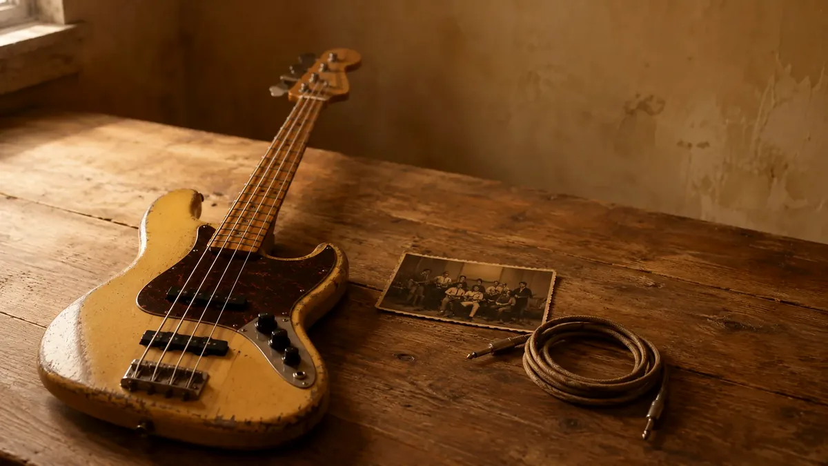 Vintage elektrische basgitaar op een houten tafel