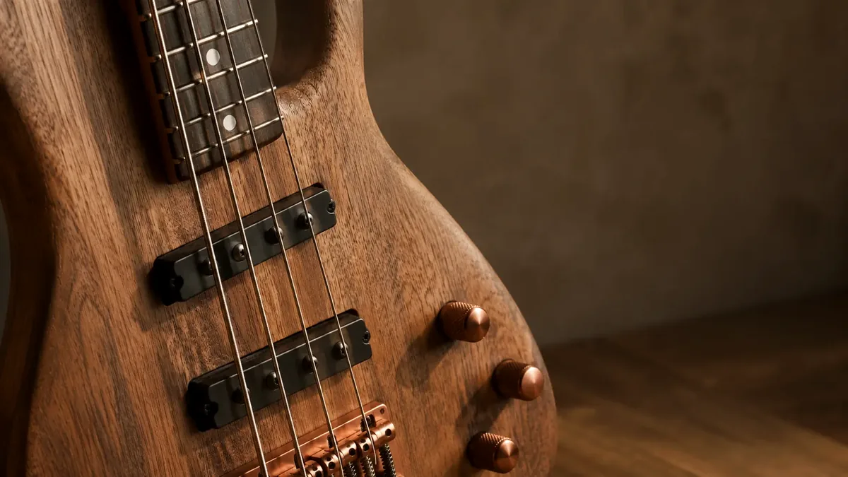 Detail van de onderdelen van een basgitaar
