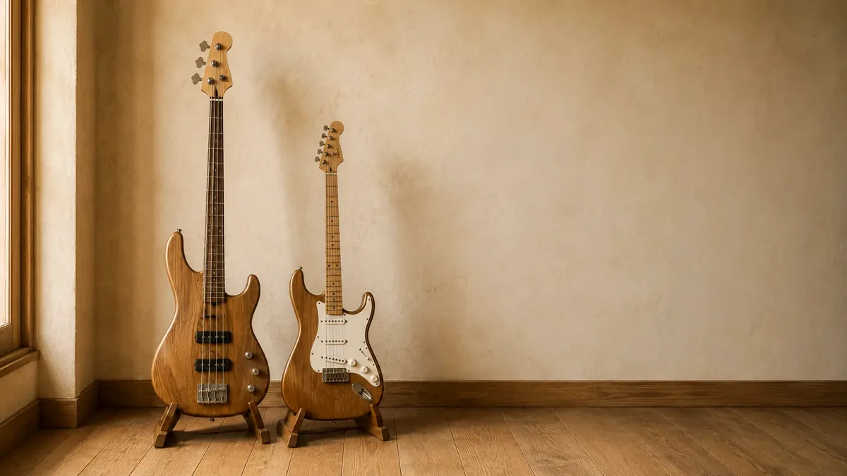 Een basgitaar en een gitaar naast elkaar